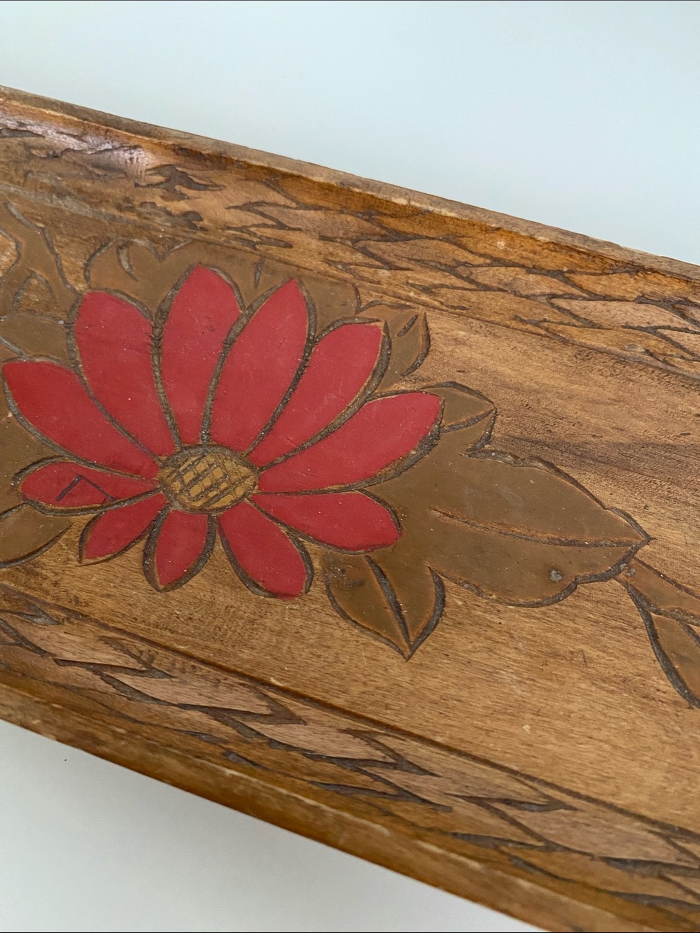 Hand-Carved Wooden Tray with Red Floral Inlay - Picture 6 of 6
